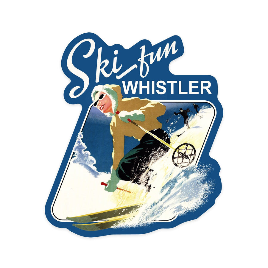 Whistler, British Columbia, Canada, Vintage Skier, Contour, Lantern Press Artwork, Vinyl Sticker Sticker Lantern Press 