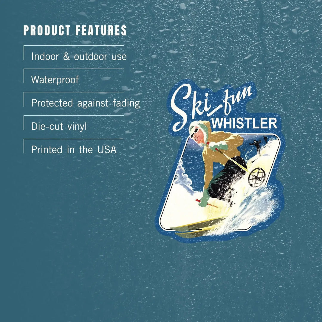 Whistler, British Columbia, Canada, Vintage Skier, Contour, Lantern Press Artwork, Vinyl Sticker Sticker Lantern Press 