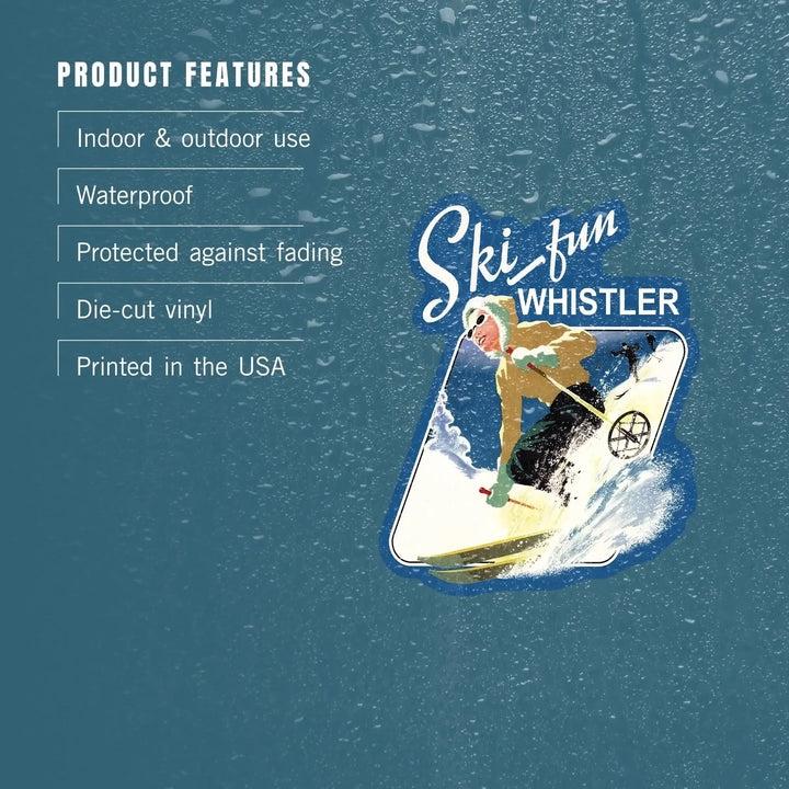Whistler, British Columbia, Canada, Vintage Skier, Contour, Lantern Press Artwork, Vinyl Sticker Sticker Lantern Press 