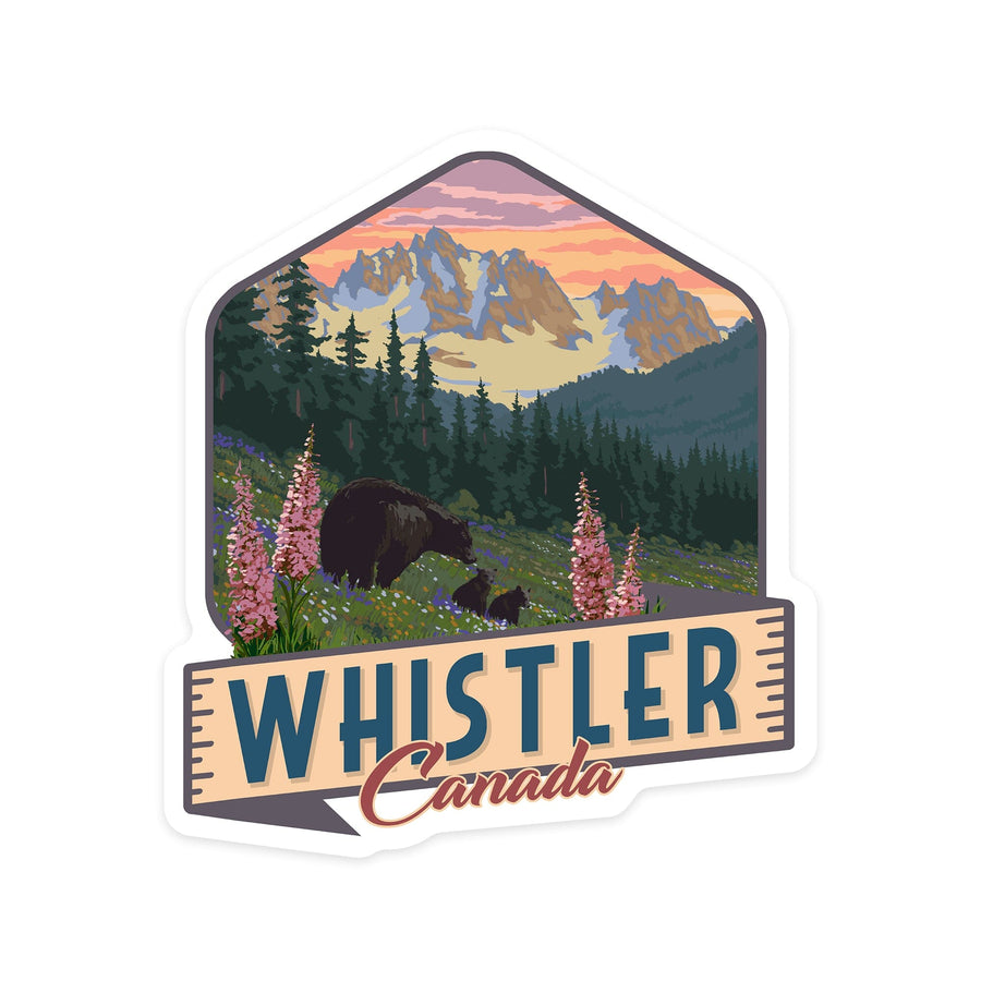 Whistler, Canada, Bear Family & Spring Flowers, Contour, Lantern Press Artwork, Vinyl Sticker Sticker Lantern Press 