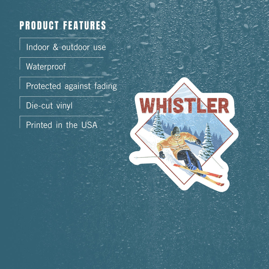 Whistler, Canada, Downhill Snow Skier, Contour, Vinyl Sticker Sticker Lantern Press 