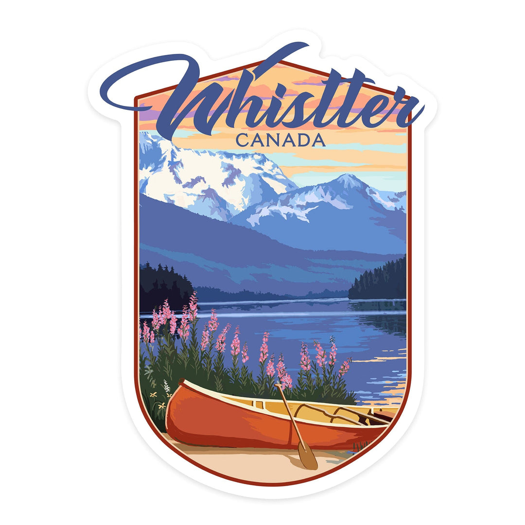 Whistler, Canada, Lake Scene and Canoe, Contour, Vinyl Sticker Sticker Lantern Press 