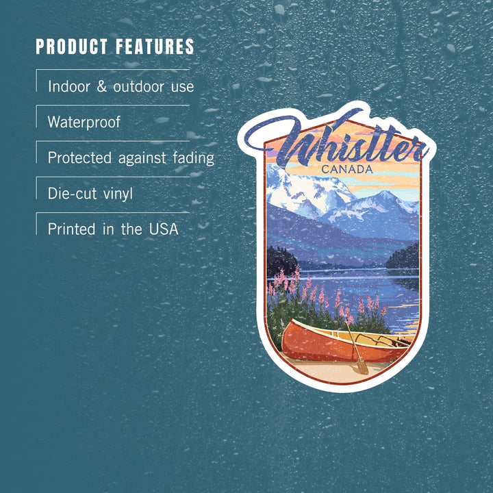 Whistler, Canada, Lake Scene and Canoe, Contour, Vinyl Sticker Sticker Lantern Press 