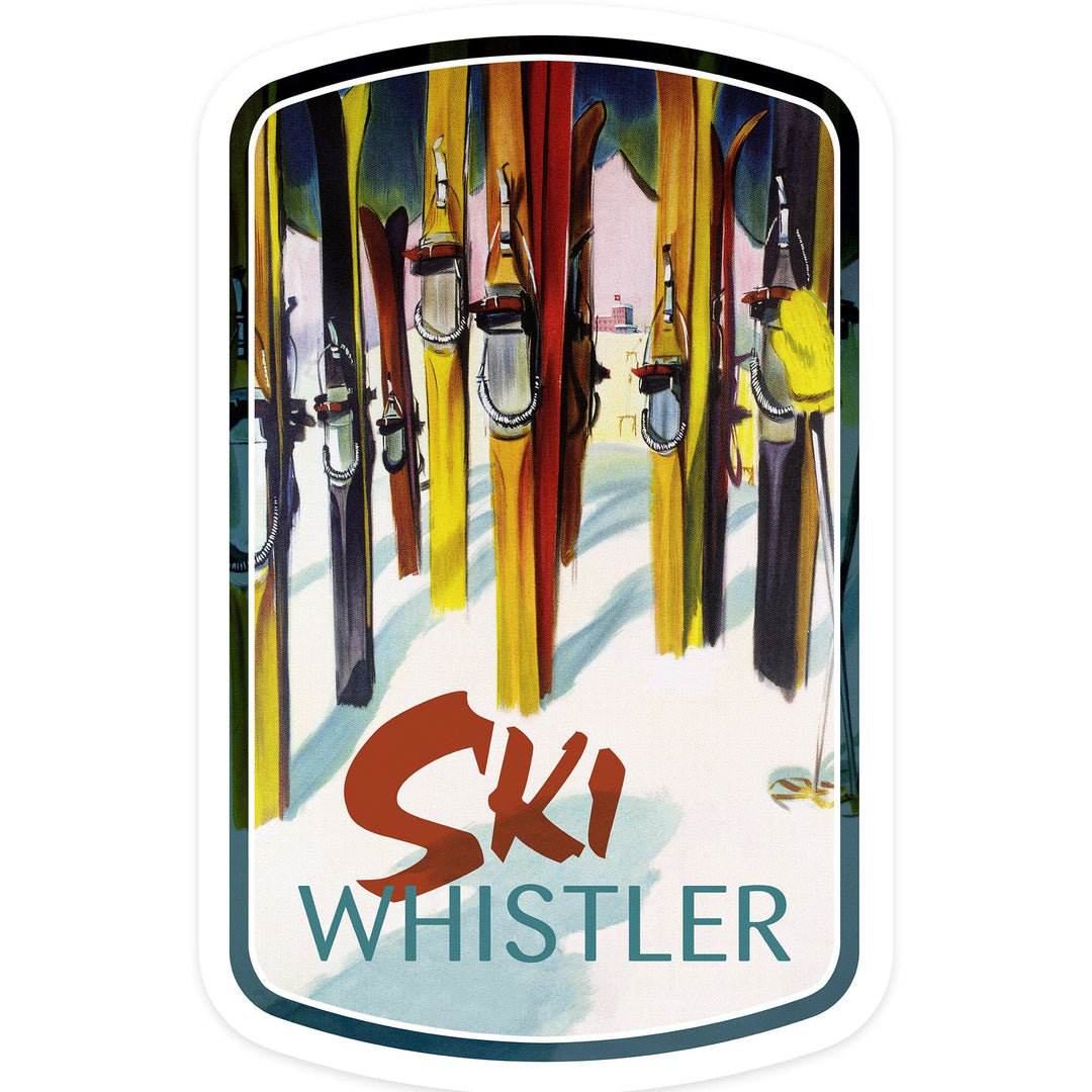 Whistler, Canada, Ski, Colorful Skis, Contour, Vinyl Sticker Sticker Lantern Press 