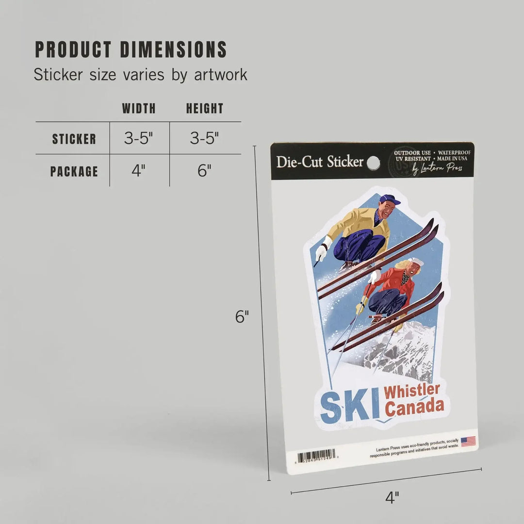 Whistler, Canada, Ski, Vintage Skiers, Contour, Lantern Press Artwork, Vinyl Sticker Sticker Lantern Press 