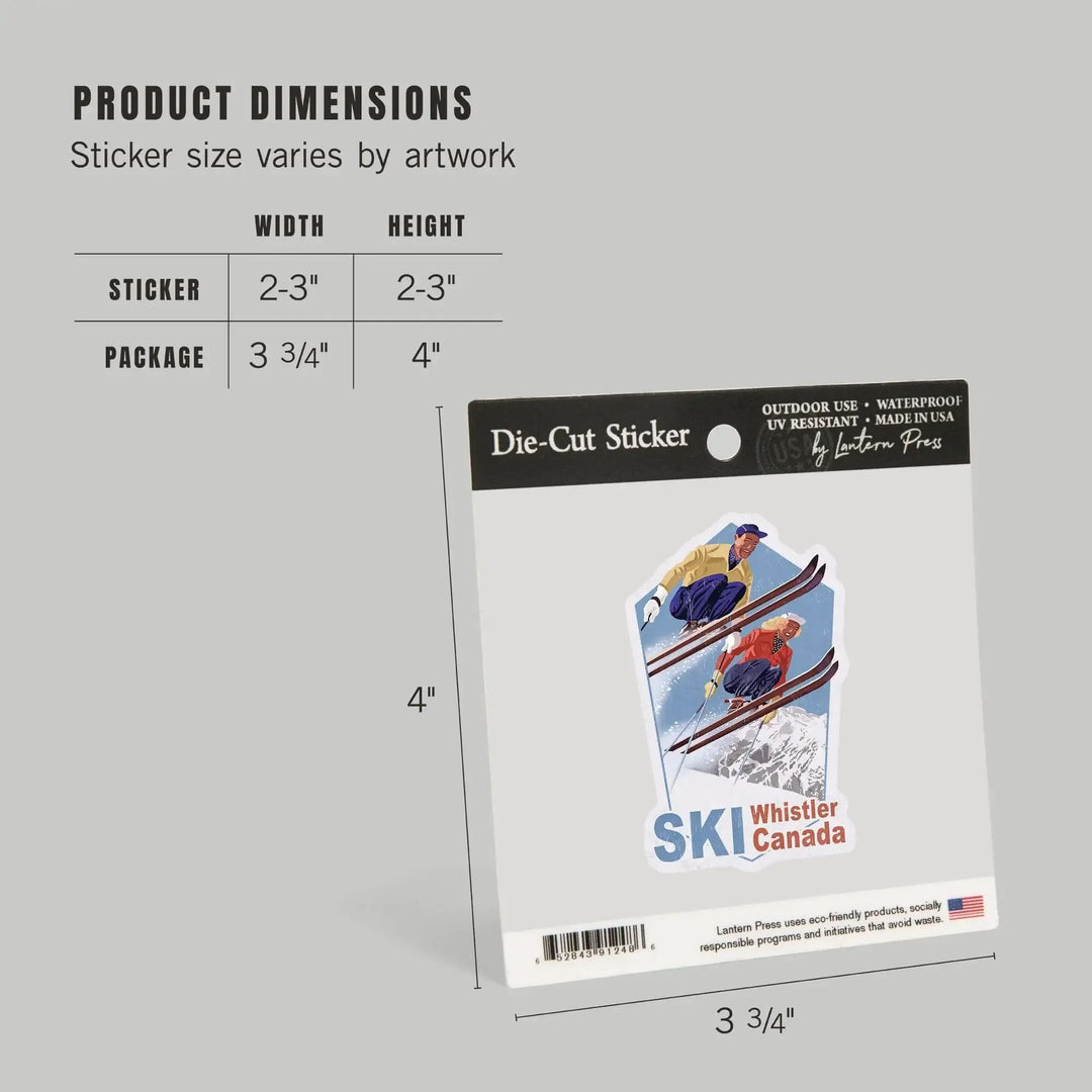 Whistler, Canada, Ski, Vintage Skiers, Contour, Lantern Press Artwork, Vinyl Sticker Sticker Lantern Press 