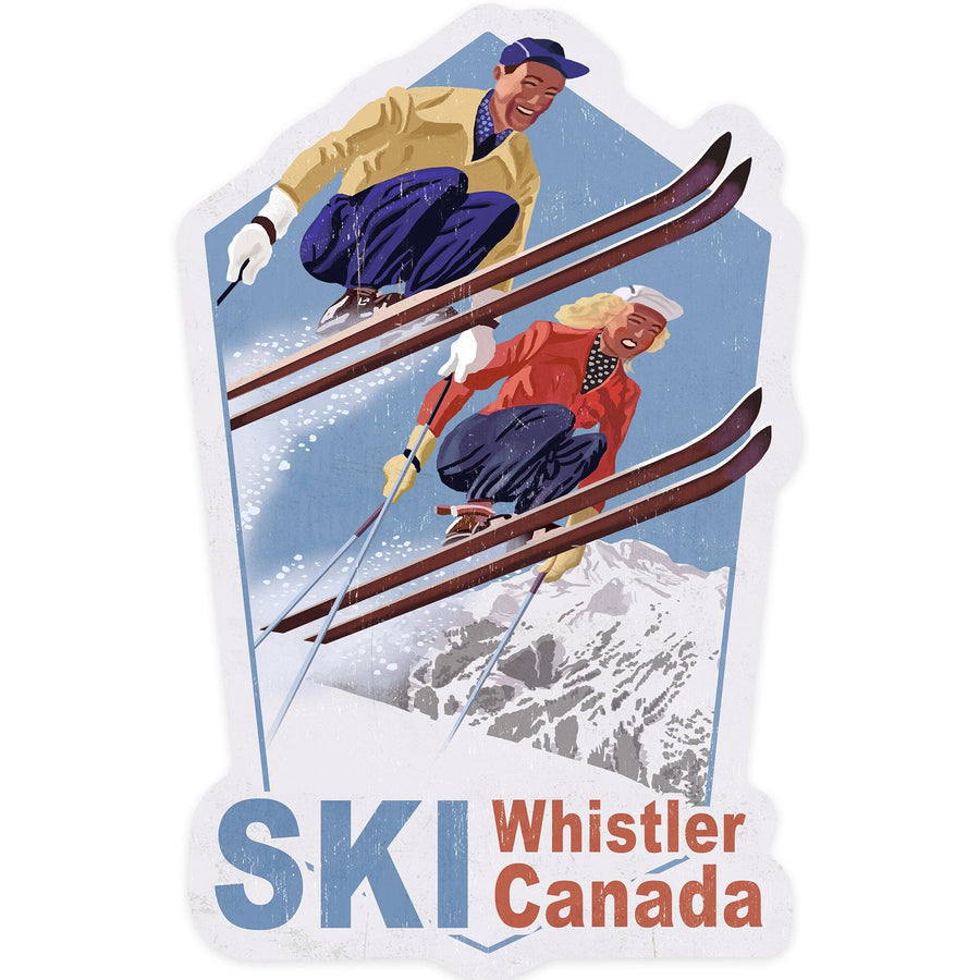 Whistler, Canada, Ski, Vintage Skiers, Contour, Lantern Press Artwork, Vinyl Sticker Sticker Lantern Press 