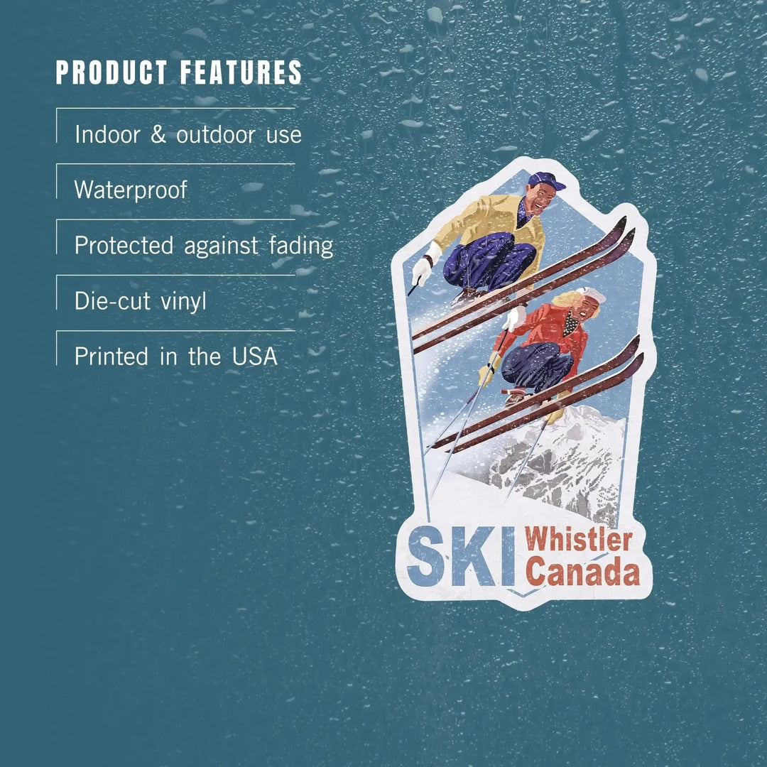 Whistler, Canada, Ski, Vintage Skiers, Contour, Lantern Press Artwork, Vinyl Sticker Sticker Lantern Press 