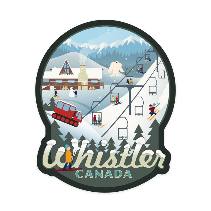 Whistler, Canada, Whistler Village Retro Scene, Contour, Vinyl Sticker Sticker Lantern Press 