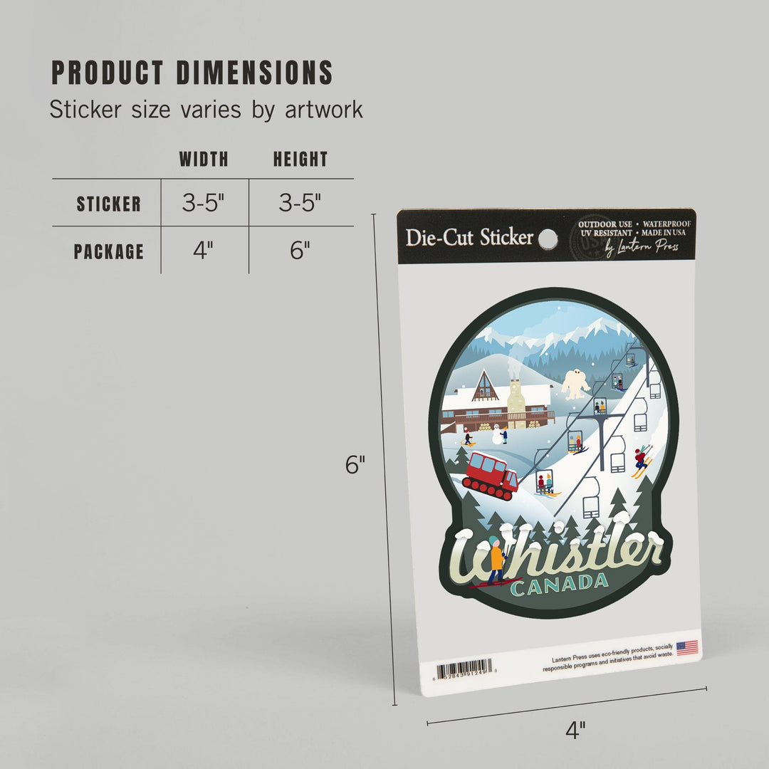 Whistler, Canada, Whistler Village Retro Scene, Contour, Vinyl Sticker Sticker Lantern Press 