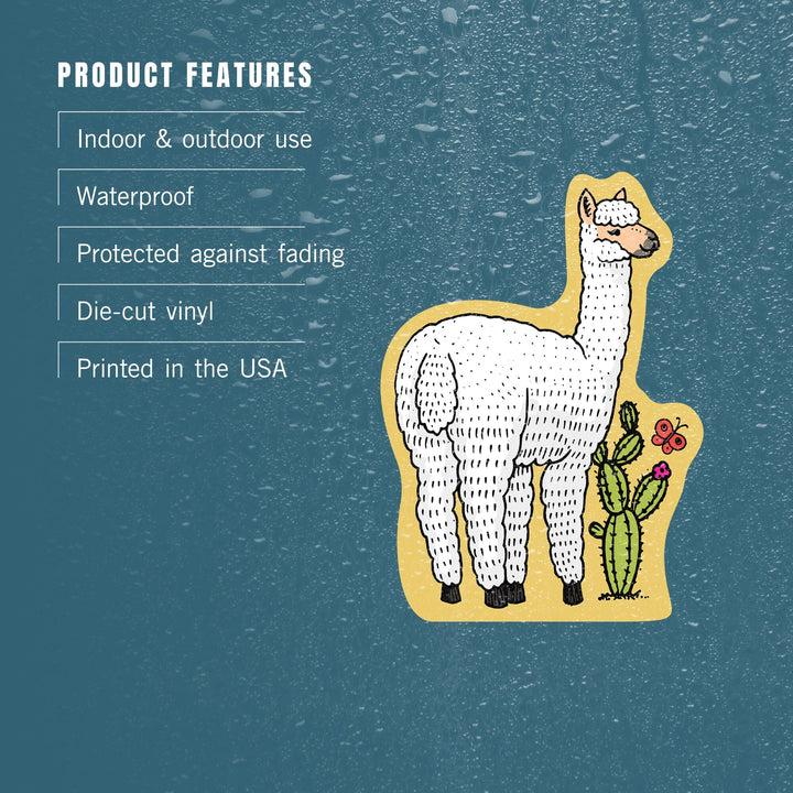White Alpaca & Cactus, Vector Doodle, Contour, Artwork, Vinyl Sticker Sticker Lantern Press 