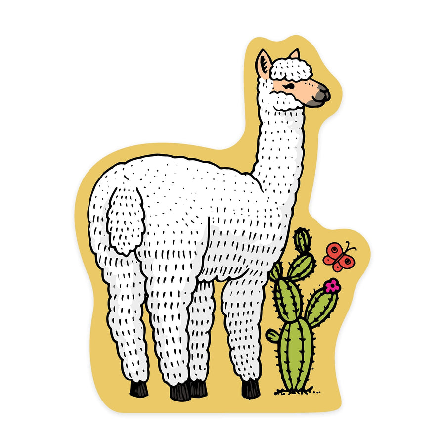 White Alpaca & Cactus, Vector Doodle, Contour, Artwork, Vinyl Sticker Sticker Lantern Press 