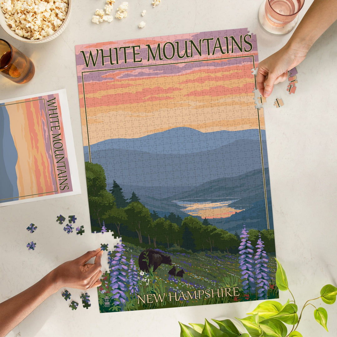 White Mountains, New Hampshire, Bear and Cubs with Flowers, Jigsaw Puzzle Puzzle Lantern Press 