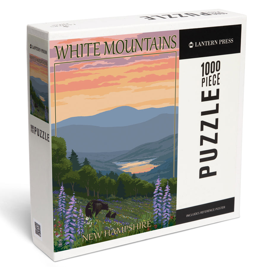 White Mountains, New Hampshire, Bear and Cubs with Flowers, Jigsaw Puzzle Puzzle Lantern Press 