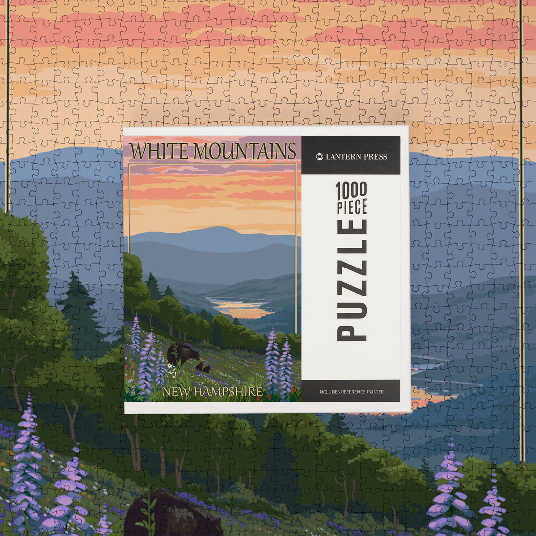 White Mountains, New Hampshire, Bear and Cubs with Flowers, Jigsaw Puzzle Puzzle Lantern Press 