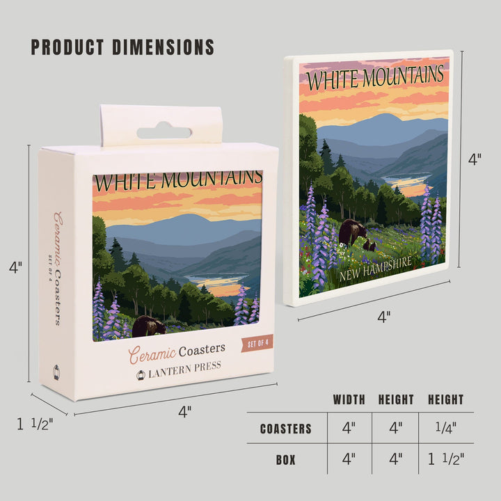 White Mountains, New Hampshire, Bear and Cubs with Flowers, Lantern Press Artwork, Coaster Set Coasters Lantern Press 