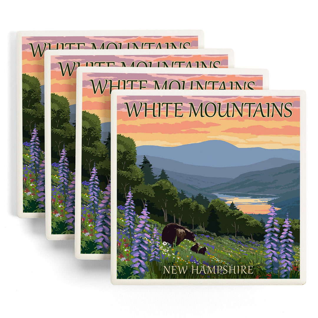 White Mountains, New Hampshire, Bear and Cubs with Flowers, Lantern Press Artwork, Coaster Set Coasters Lantern Press 