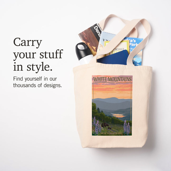 White Mountains, New Hampshire, Bear and Cubs with Flowers, Lantern Press Artwork, Tote Bag Totes Lantern Press 