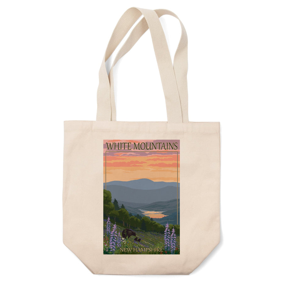 White Mountains, New Hampshire, Bear and Cubs with Flowers, Lantern Press Artwork, Tote Bag Totes Lantern Press 