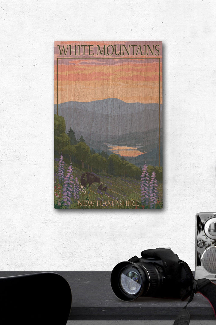 White Mountains, New Hampshire, Bear and Cubs with Flowers, Lantern Press Artwork, Wood Signs and Postcards Wood Lantern Press 12 x 18 Wood Gallery Print 