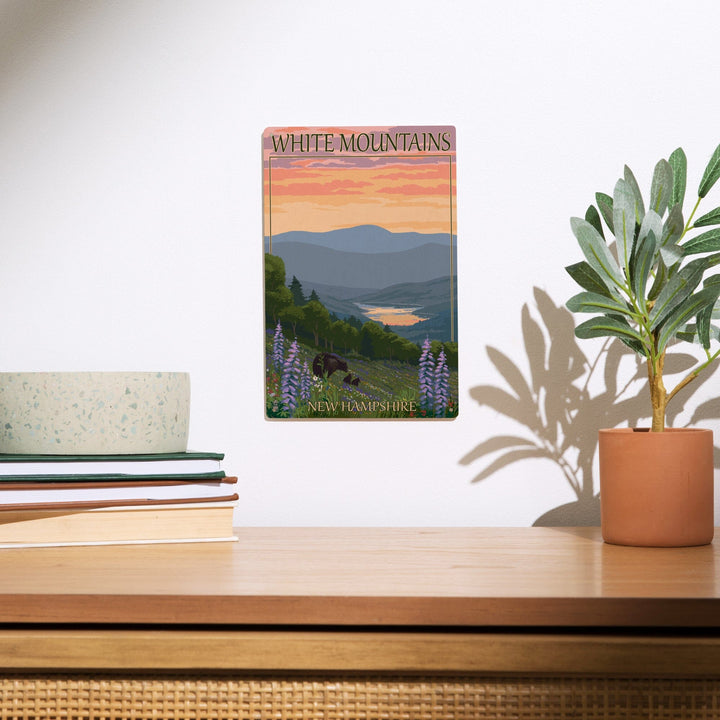 White Mountains, New Hampshire, Bear and Cubs with Flowers, Lantern Press Artwork, Wood Signs and Postcards Wood Lantern Press 