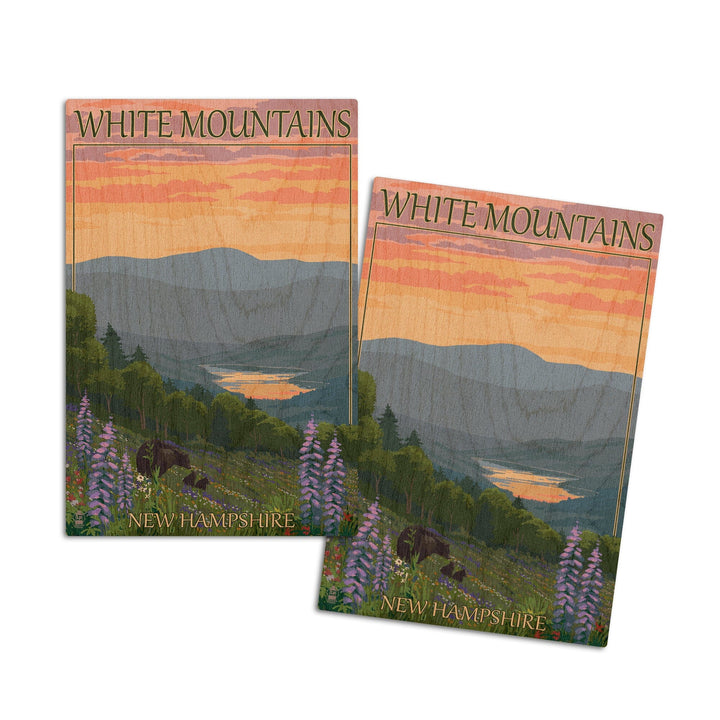 White Mountains, New Hampshire, Bear and Cubs with Flowers, Lantern Press Artwork, Wood Signs and Postcards Wood Lantern Press 4x6 Wood Postcard Set 