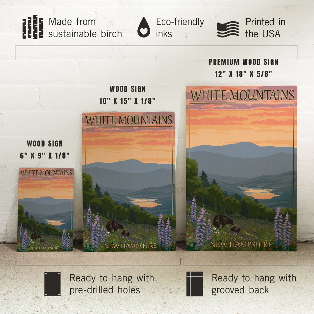 White Mountains, New Hampshire, Bear and Cubs with Flowers, Lantern Press Artwork, Wood Signs and Postcards Wood Lantern Press 