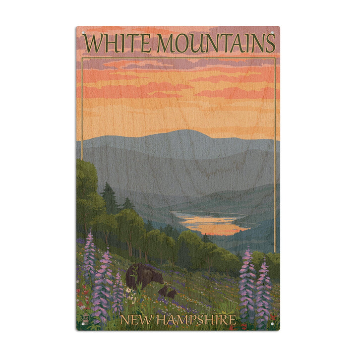 White Mountains, New Hampshire, Bear and Cubs with Flowers, Lantern Press Artwork, Wood Signs and Postcards Wood Lantern Press 6x9 Wood Sign 