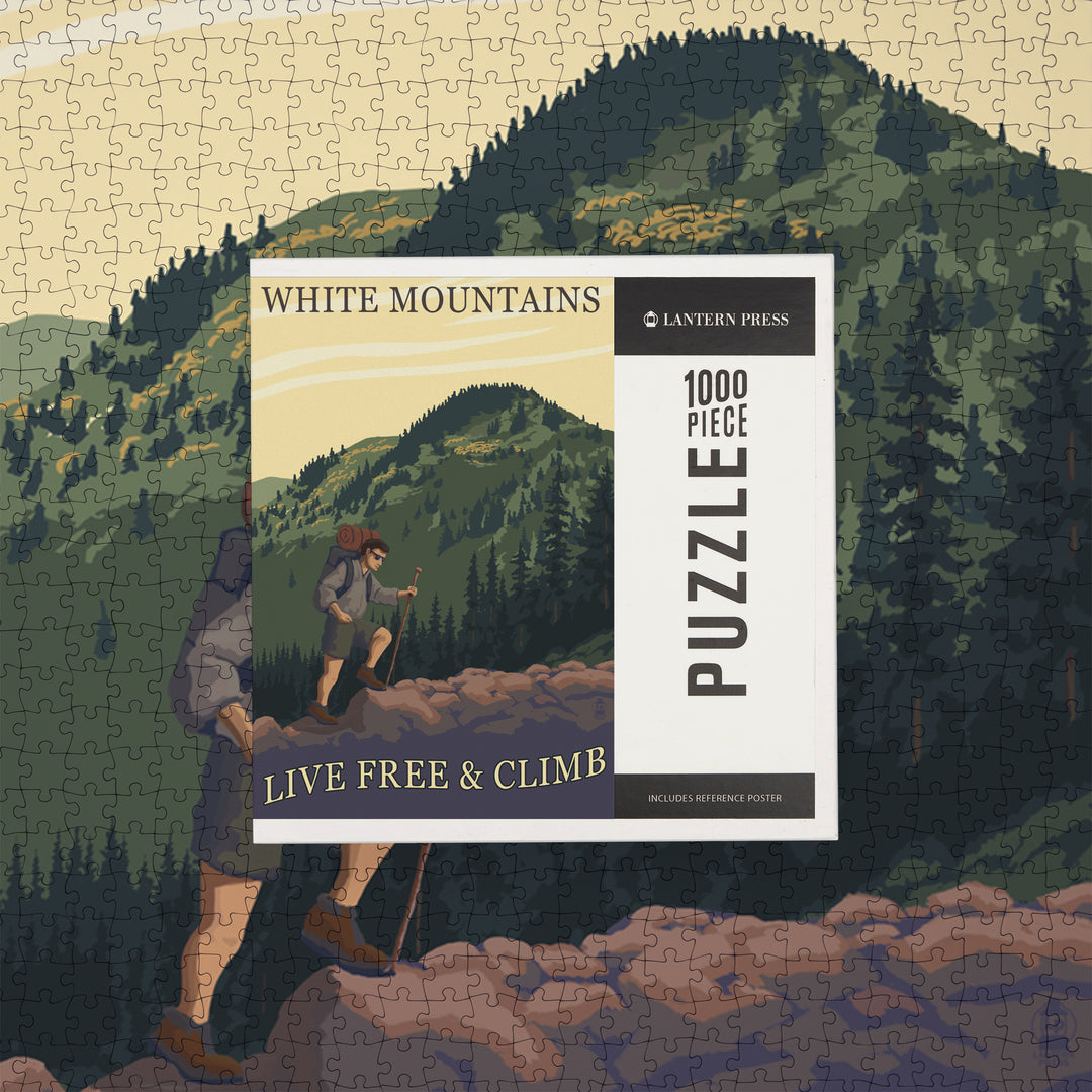 White Mountains, New Hampshire, Live Free and Climb Hiker Scene, Jigsaw Puzzle Puzzle Lantern Press 