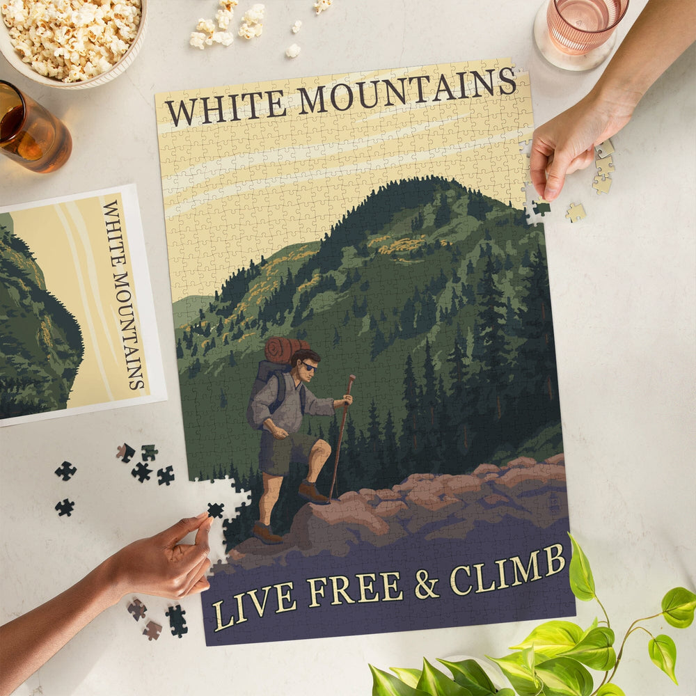 White Mountains, New Hampshire, Live Free and Climb Hiker Scene, Jigsaw Puzzle Puzzle Lantern Press 