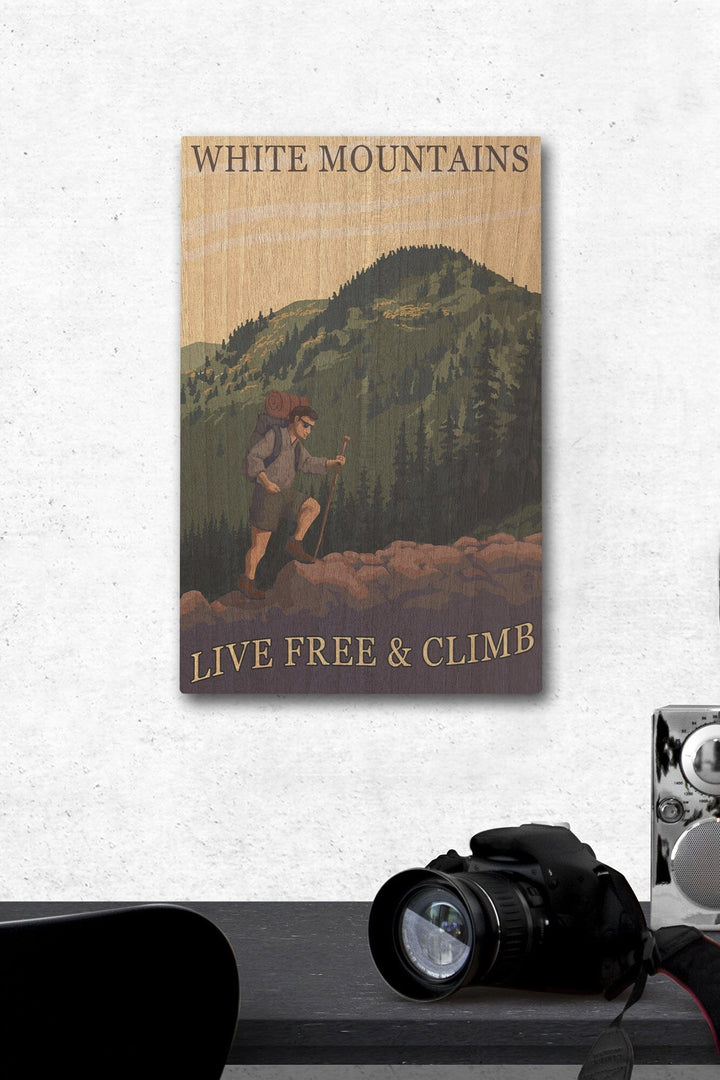 White Mountains, New Hampshire, Live Free and Climb Hiker Scene, Lantern Press Artwork, Wood Signs and Postcards Wood Lantern Press 12 x 18 Wood Gallery Print 