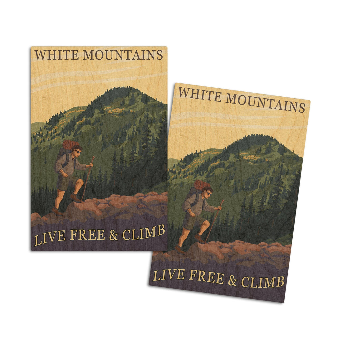 White Mountains, New Hampshire, Live Free and Climb Hiker Scene, Lantern Press Artwork, Wood Signs and Postcards Wood Lantern Press 4x6 Wood Postcard Set 