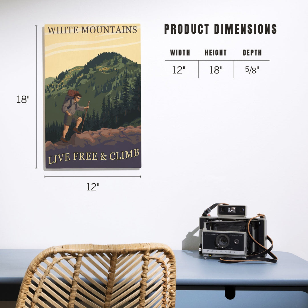 White Mountains, New Hampshire, Live Free and Climb Hiker Scene, Lantern Press Artwork, Wood Signs and Postcards Wood Lantern Press 