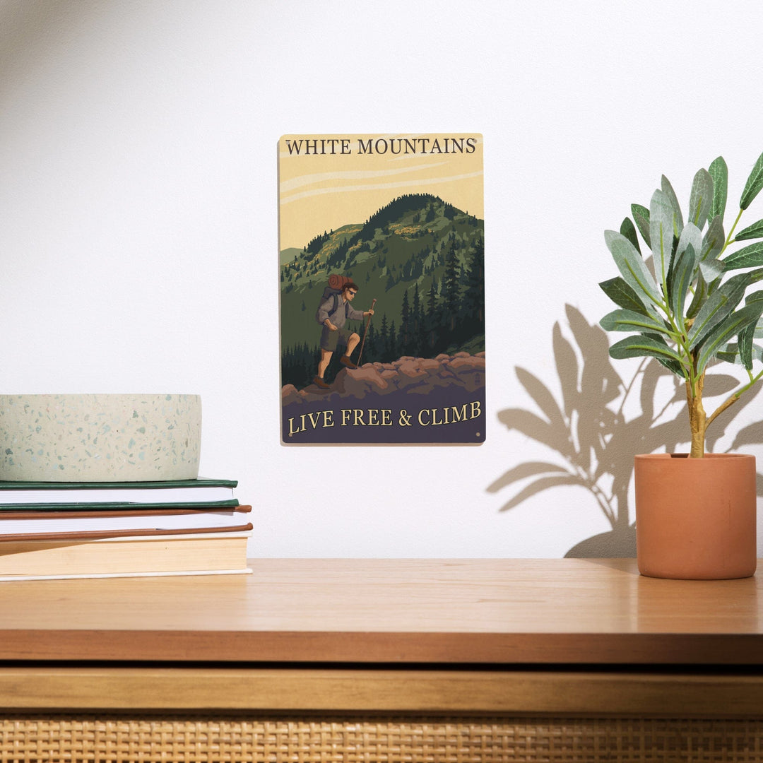 White Mountains, New Hampshire, Live Free and Climb Hiker Scene, Lantern Press Artwork, Wood Signs and Postcards Wood Lantern Press 