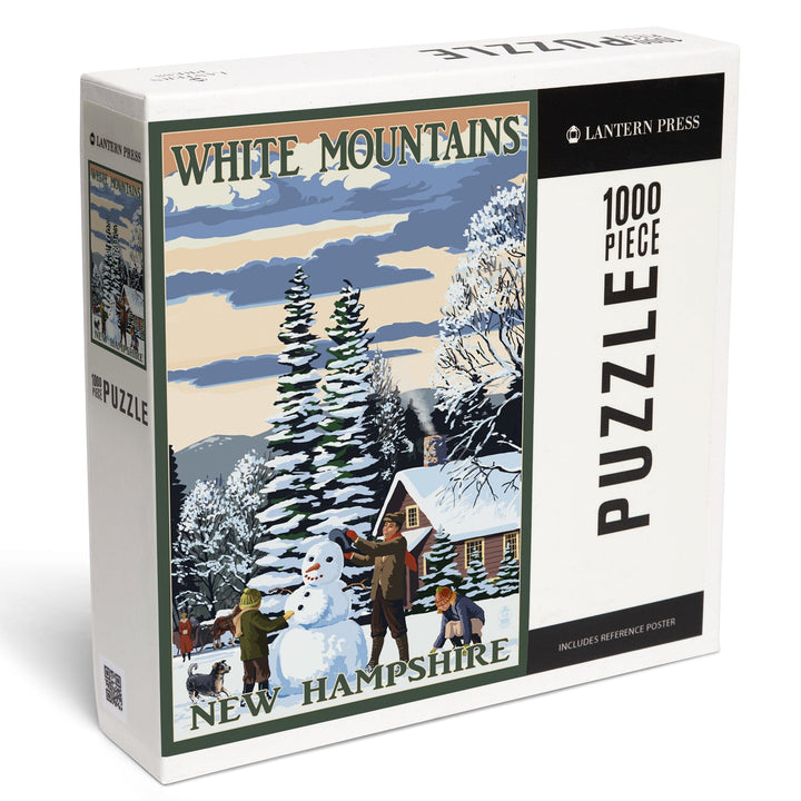 White Mountains, New Hampshire, Snowman and Cabin, Jigsaw Puzzle Puzzle Lantern Press 