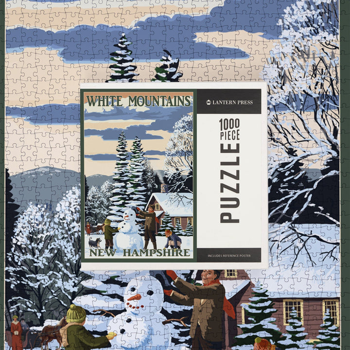 White Mountains, New Hampshire, Snowman and Cabin, Jigsaw Puzzle Puzzle Lantern Press 