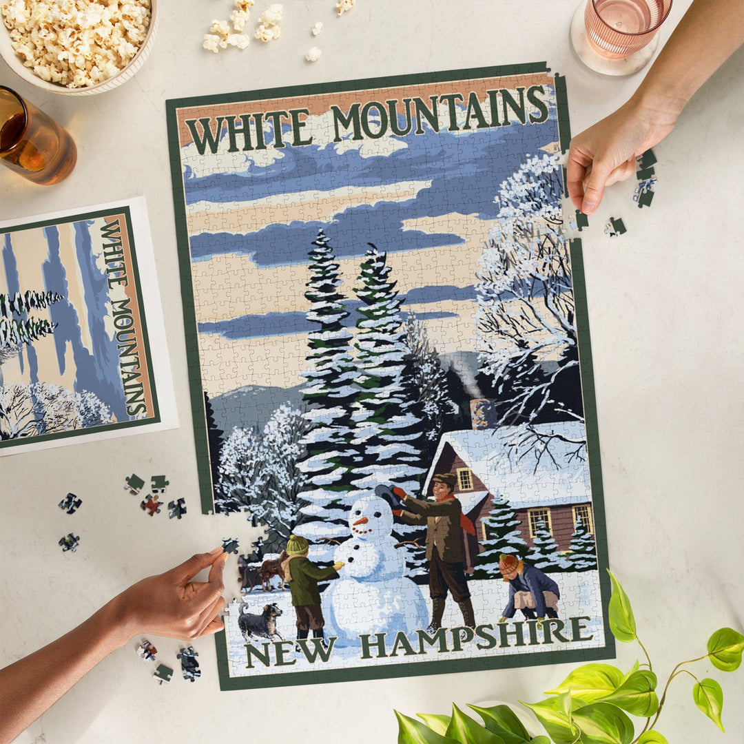 White Mountains, New Hampshire, Snowman and Cabin, Jigsaw Puzzle Puzzle Lantern Press 