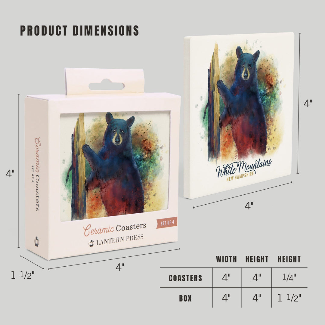 White Mountains, New Hampshire, Watercolor, Black Bear, Coasters Coasters Lantern Press 