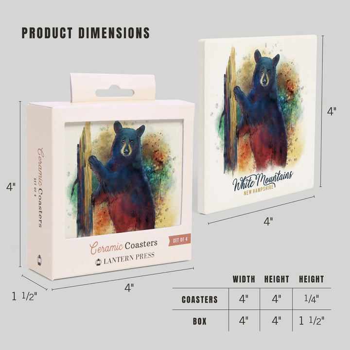 White Mountains, New Hampshire, Watercolor, Black Bear, Coasters Coasters Lantern Press 
