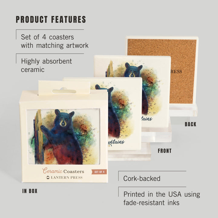 White Mountains, New Hampshire, Watercolor, Black Bear, Coasters Coasters Lantern Press 