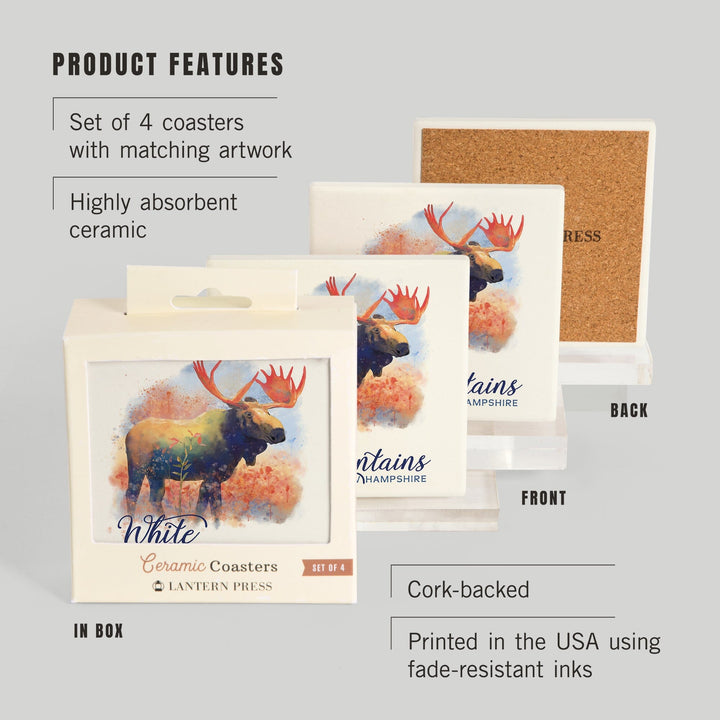 White Mountains, New Hampshire, Watercolor, Moose, Coasters Coasters Lantern Press 