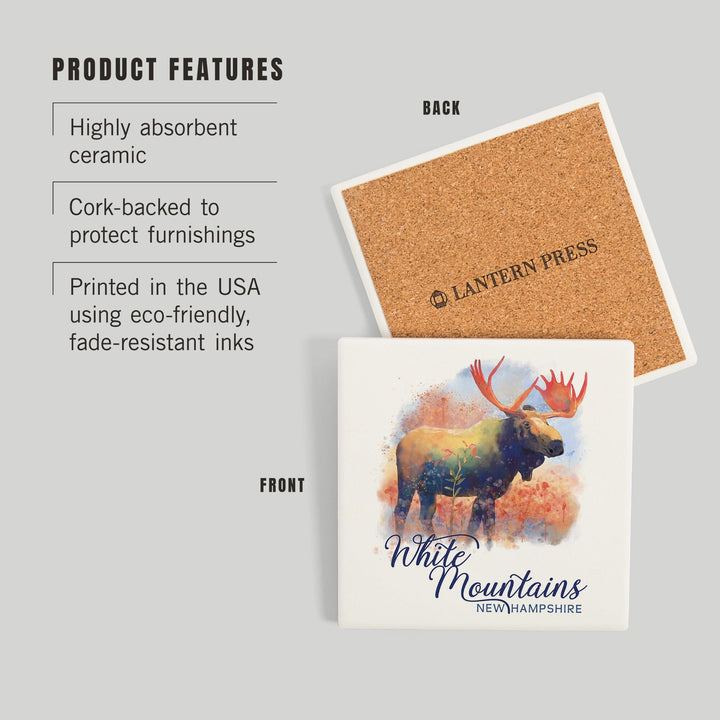 White Mountains, New Hampshire, Watercolor, Moose, Coasters Coasters Lantern Press 
