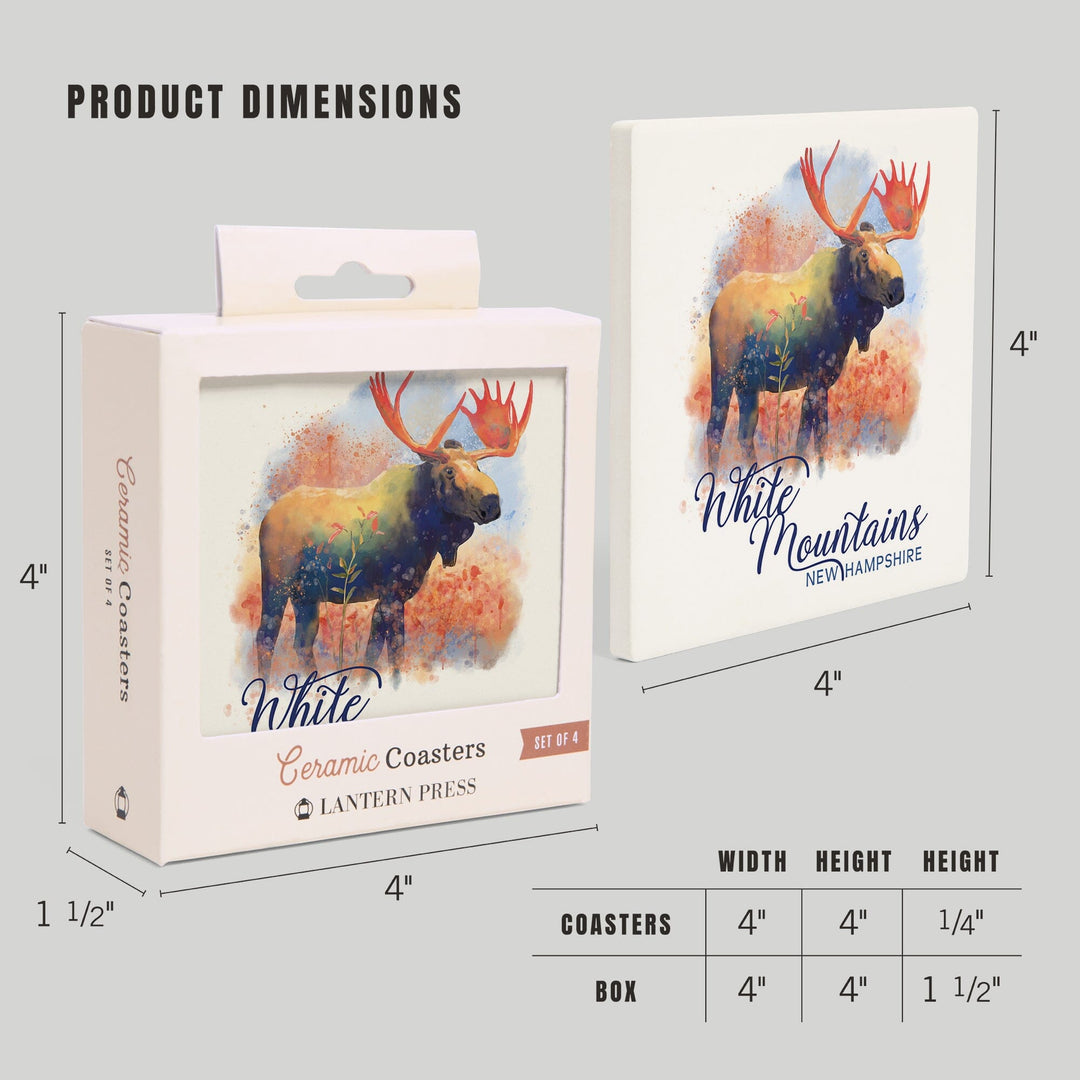 White Mountains, New Hampshire, Watercolor, Moose, Coasters Coasters Lantern Press 