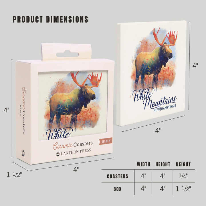 White Mountains, New Hampshire, Watercolor, Moose, Coasters Coasters Lantern Press 