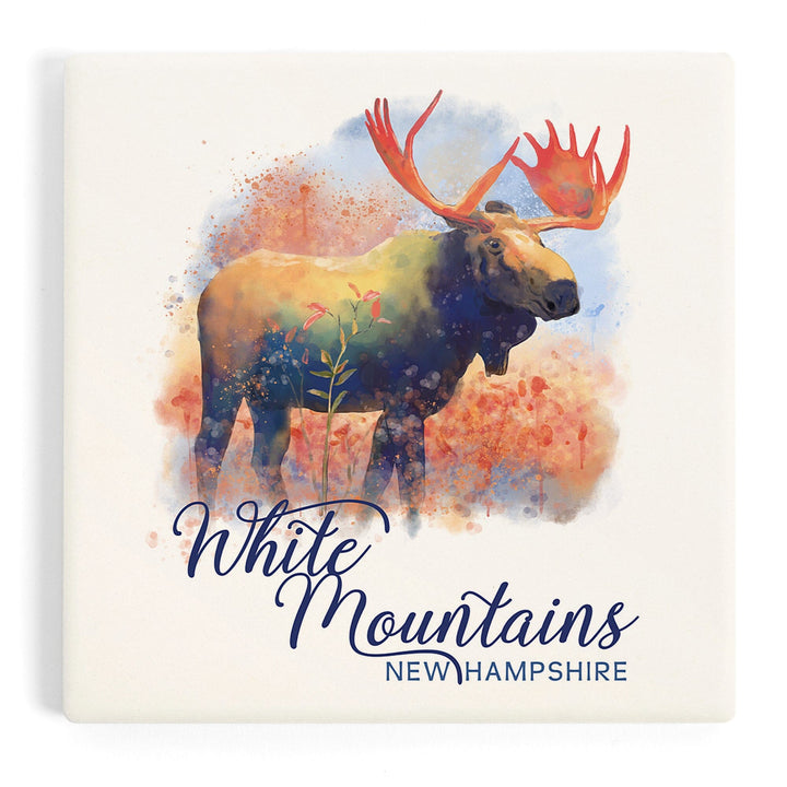 White Mountains, New Hampshire, Watercolor, Moose, Coasters Coasters Lantern Press 