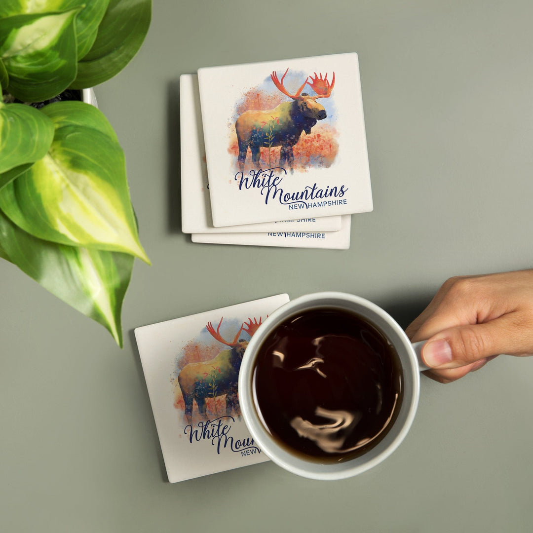White Mountains, New Hampshire, Watercolor, Moose, Coasters Coasters Lantern Press 