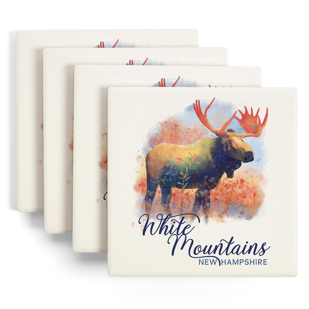 White Mountains, New Hampshire, Watercolor, Moose, Coasters Coasters Lantern Press 
