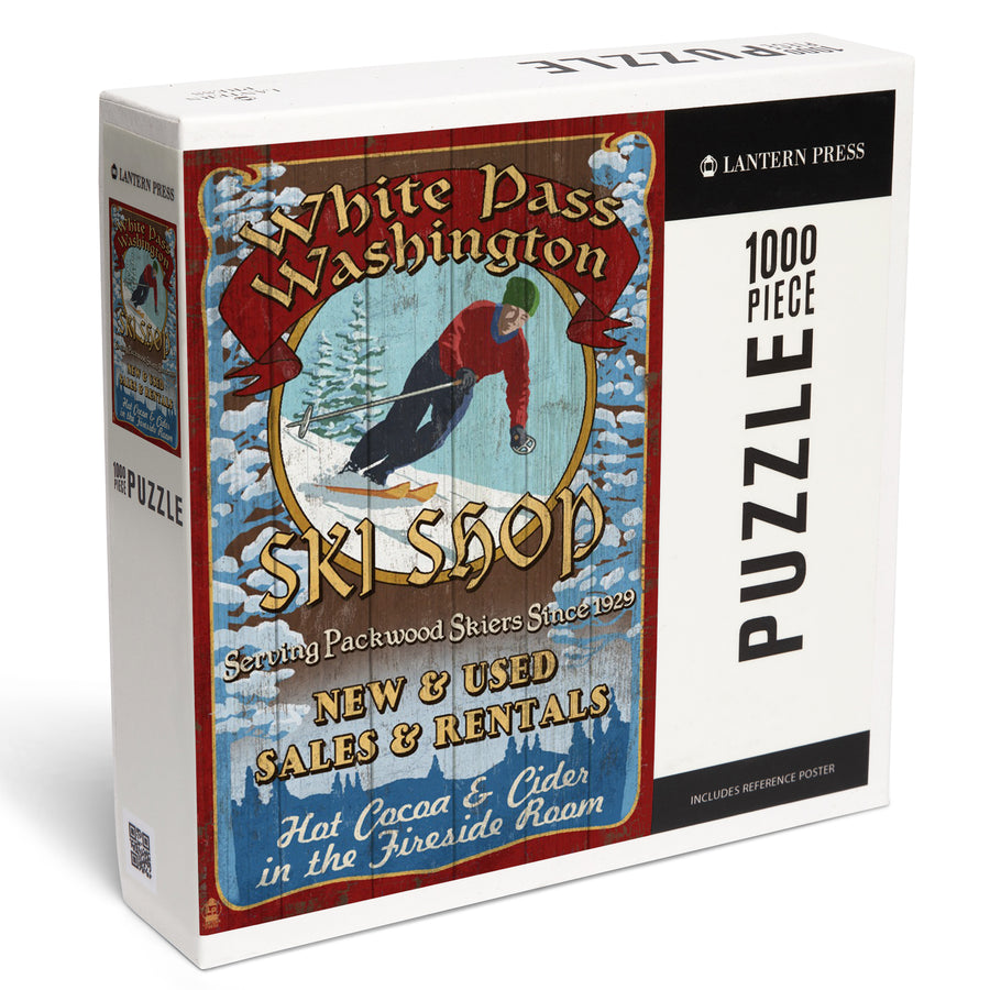 White Pass, Washington, Ski Shop Vintage Sign, Jigsaw Puzzle Puzzle Lantern Press 