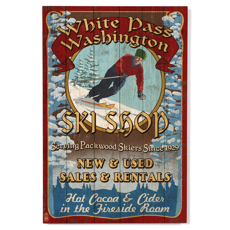 White Pass, Washington, Ski Shop Vintage Sign, Lantern Press Artwork, Wood Signs and Postcards Wood Lantern Press 