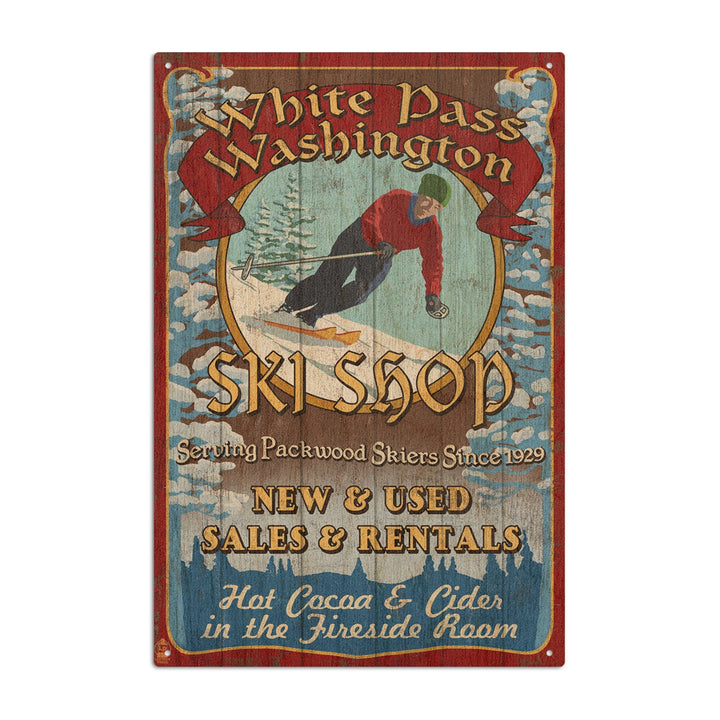 White Pass, Washington, Ski Shop Vintage Sign, Lantern Press Artwork, Wood Signs and Postcards Wood Lantern Press 6x9 Wood Sign 